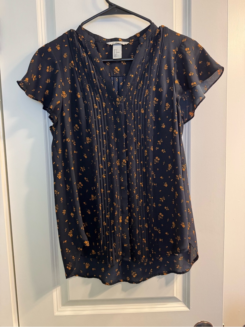 H&M Navy Blouse with Gold Floral Pintucks